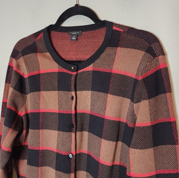Ann Taylor Metallic Red Black Brown Plaid Button Knit Sweater Cardigan Cotton XL - Picture 14 of 16